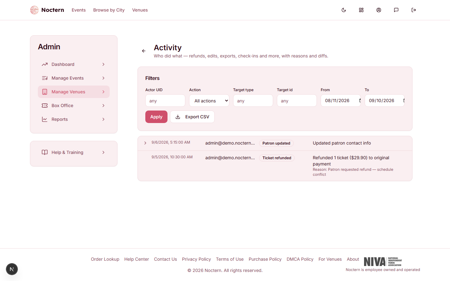 Activity log page with filter fields and Apply / Export CSV buttons