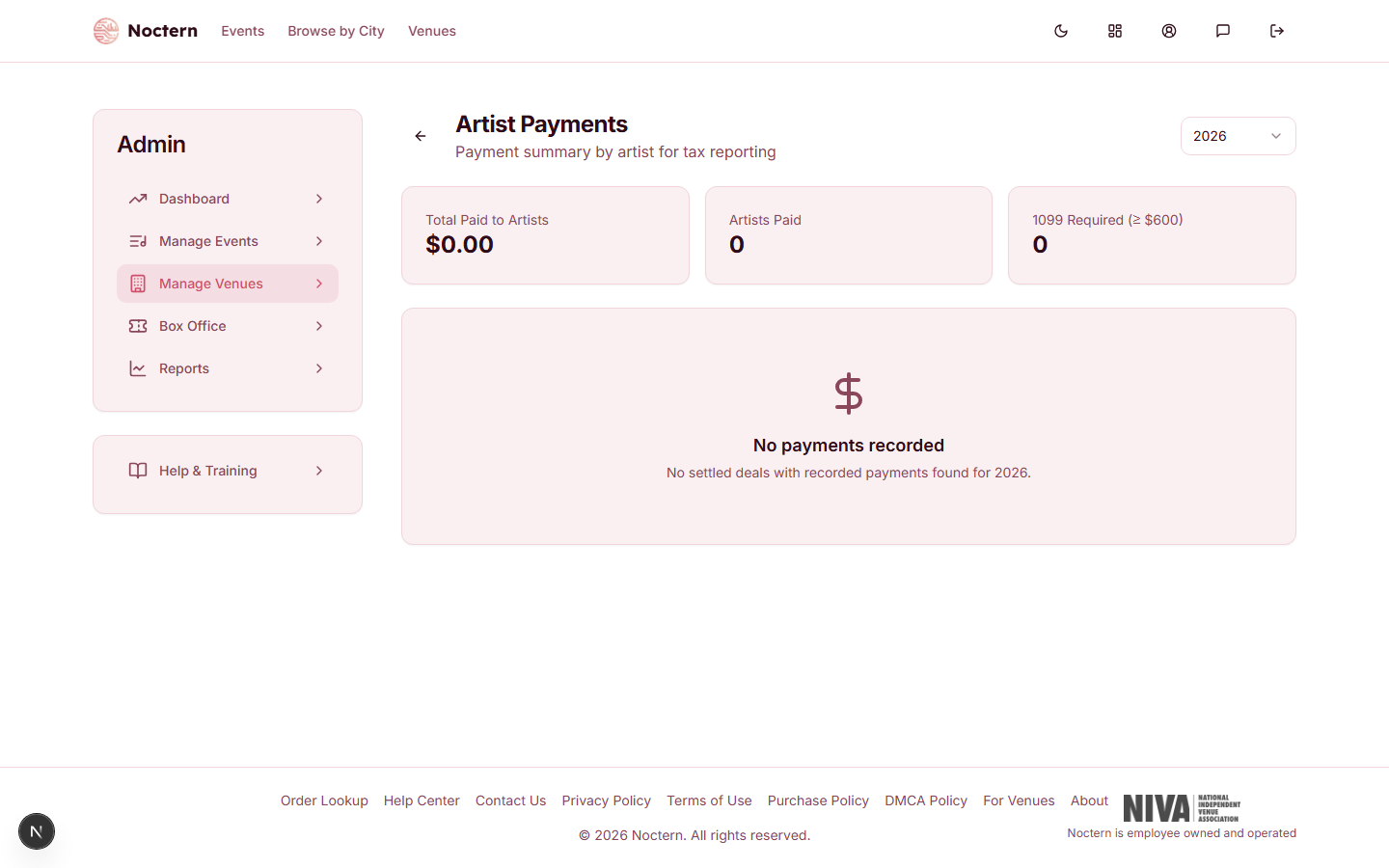 Artist payments page showing payment records and a 1099 report export section