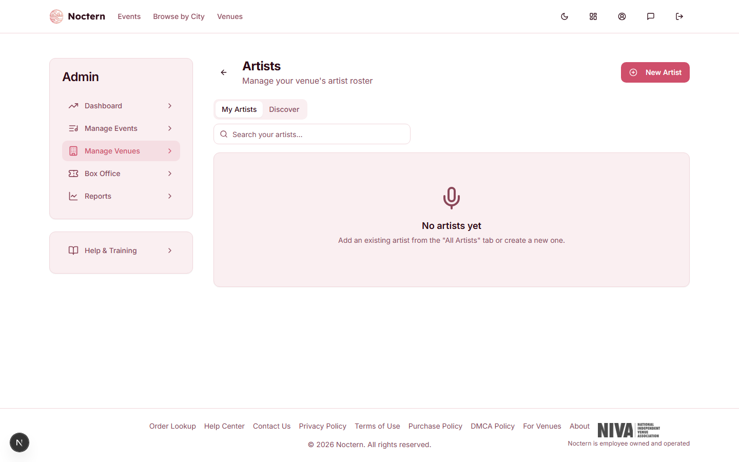 Artists list showing artist names, contact info, and action buttons