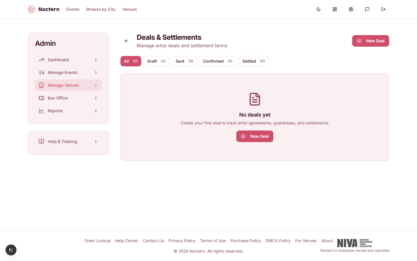 Deals list showing artist names, event dates, deal types, status badges, and amounts