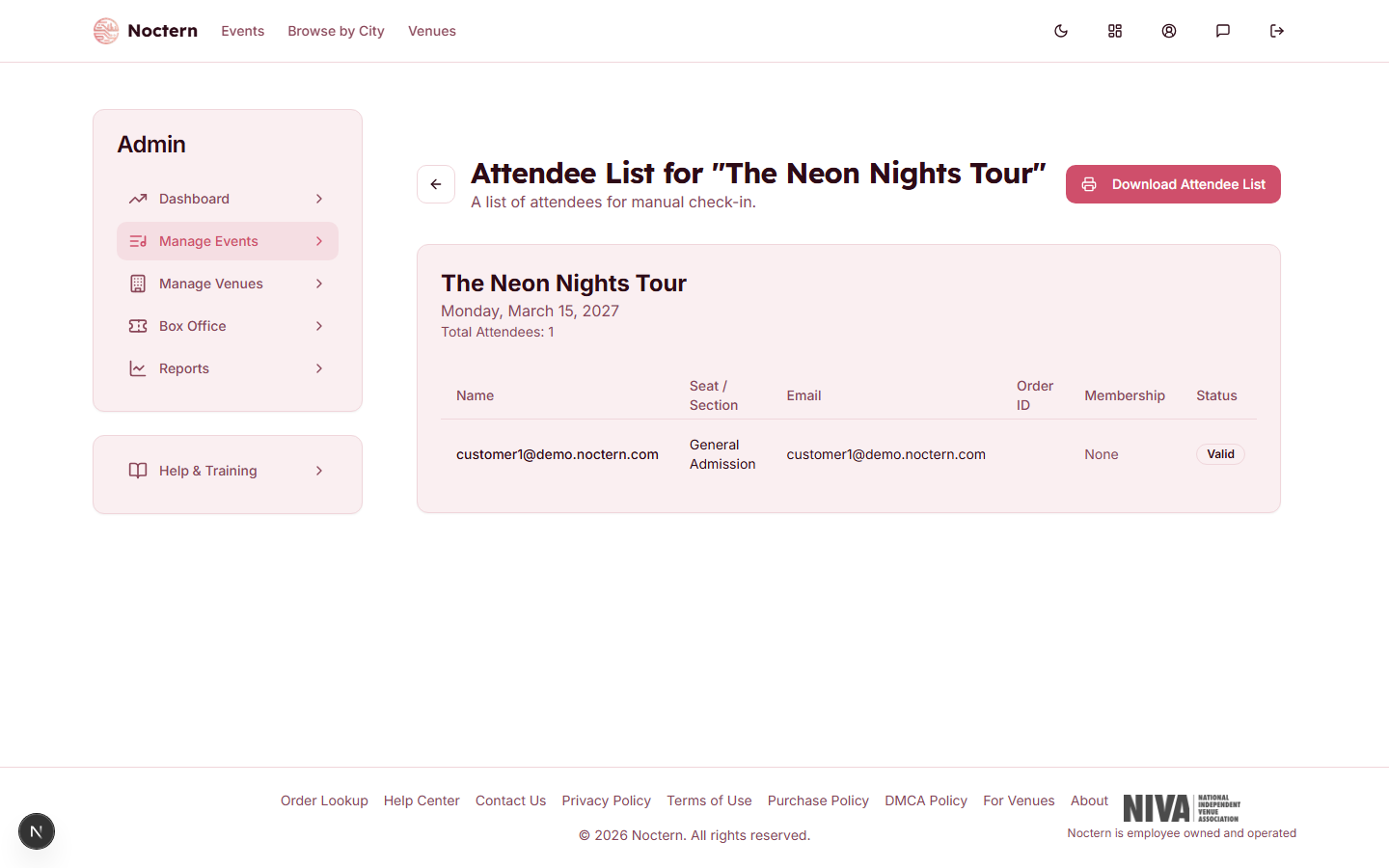 Attendees page showing ticket rows with status badges and action buttons