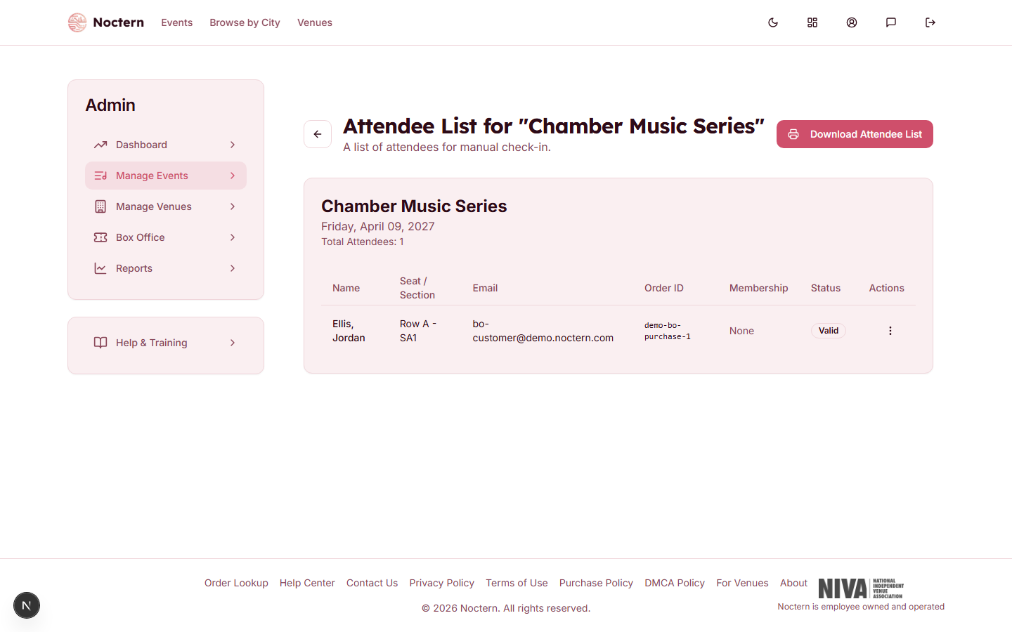 Attendees list showing a box-office sale