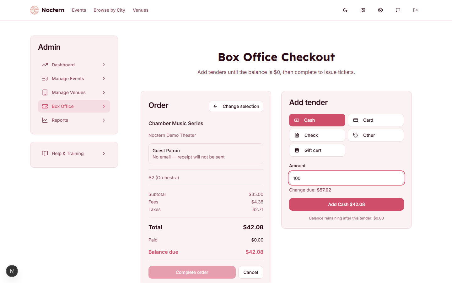 Box office checkout page with a cash tender showing change due