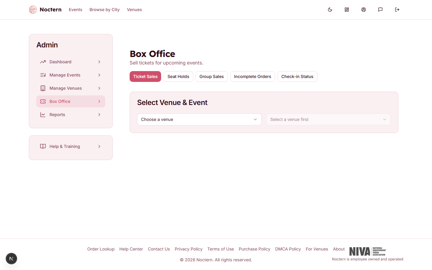 Box office dashboard with venue and event pickers