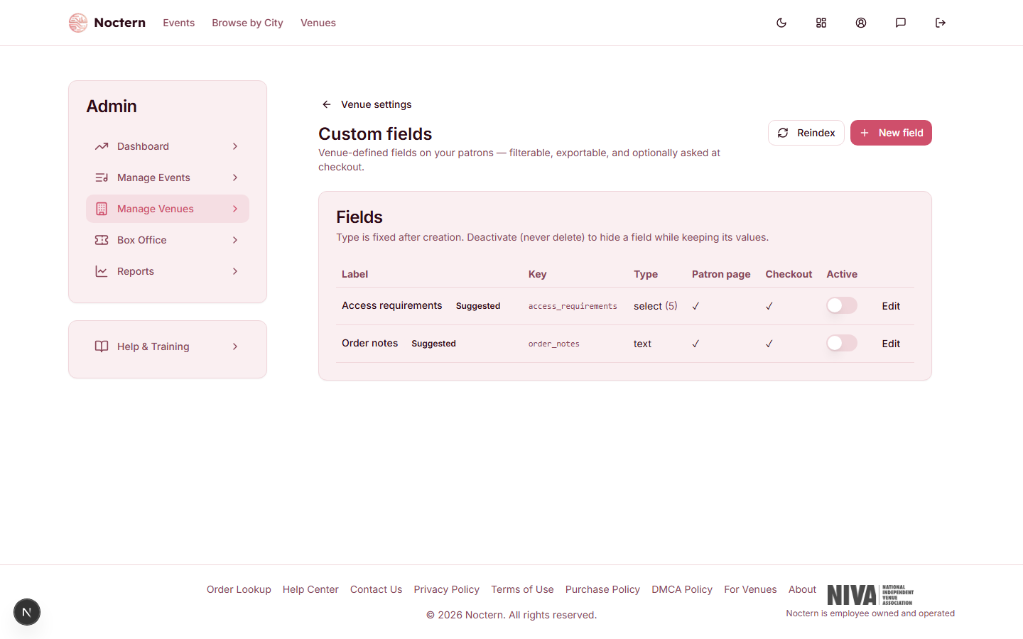 Custom fields list showing field names, types, and active/inactive status