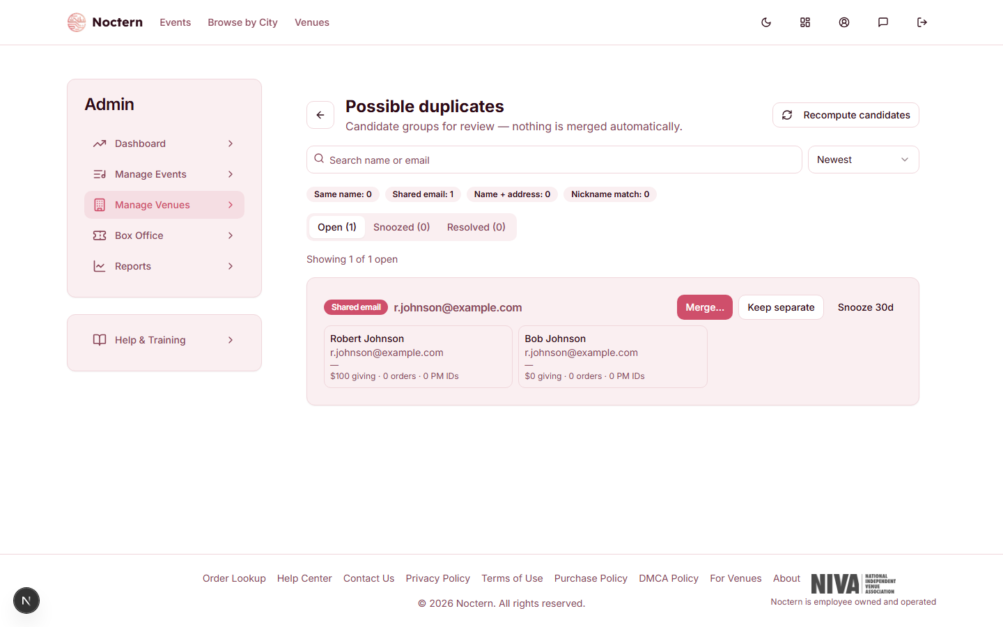 Possible duplicates page listing a candidate group flagged by a shared-email signal