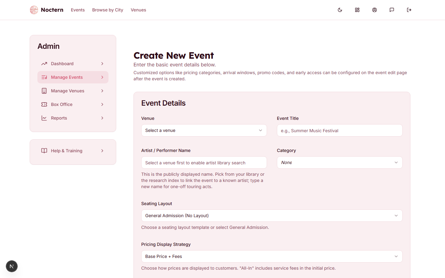 Create Event form showing title, date, pricing strategy, and status fields