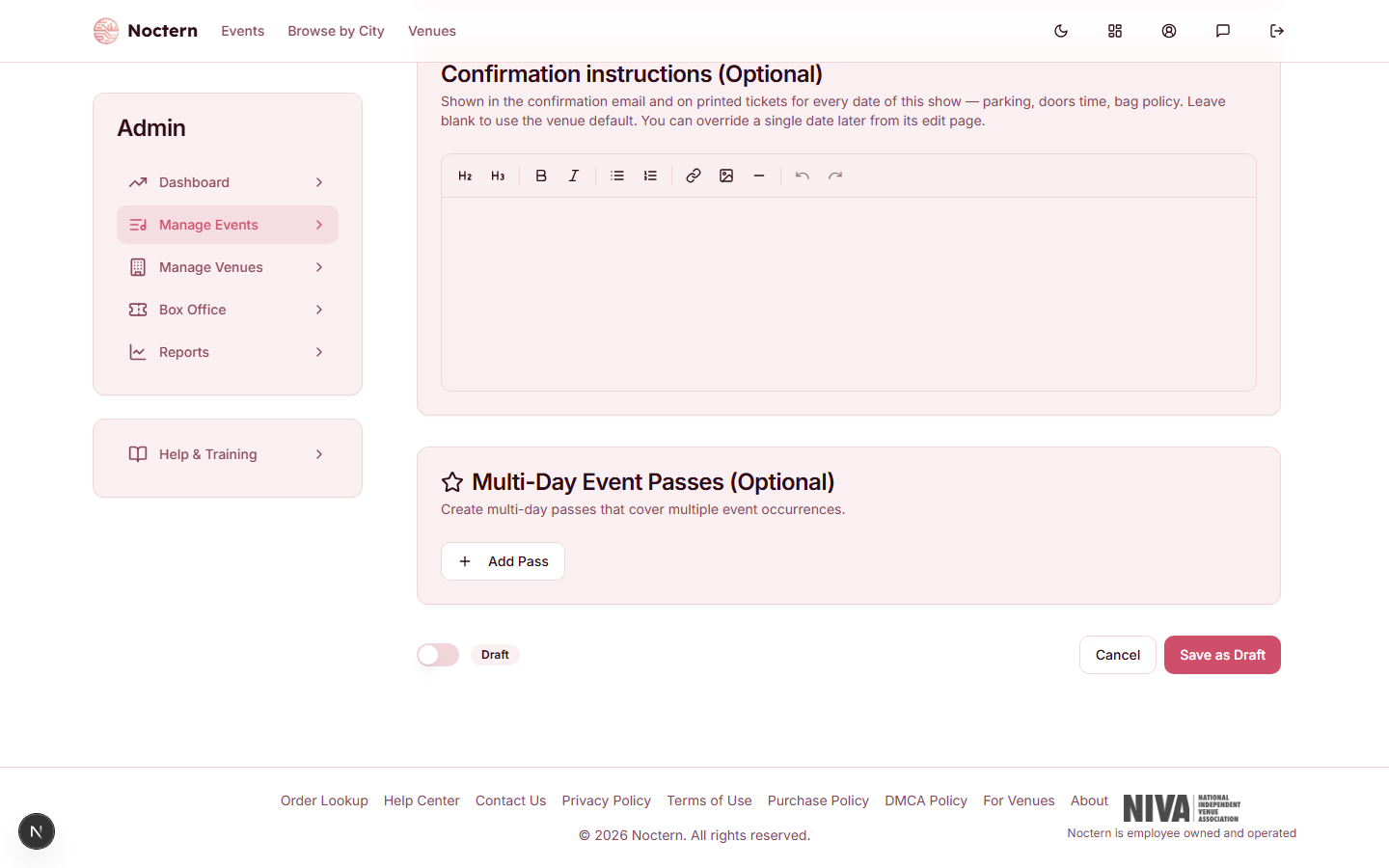 Status toggle (Draft selected) and Save button at the bottom of the Create Event form