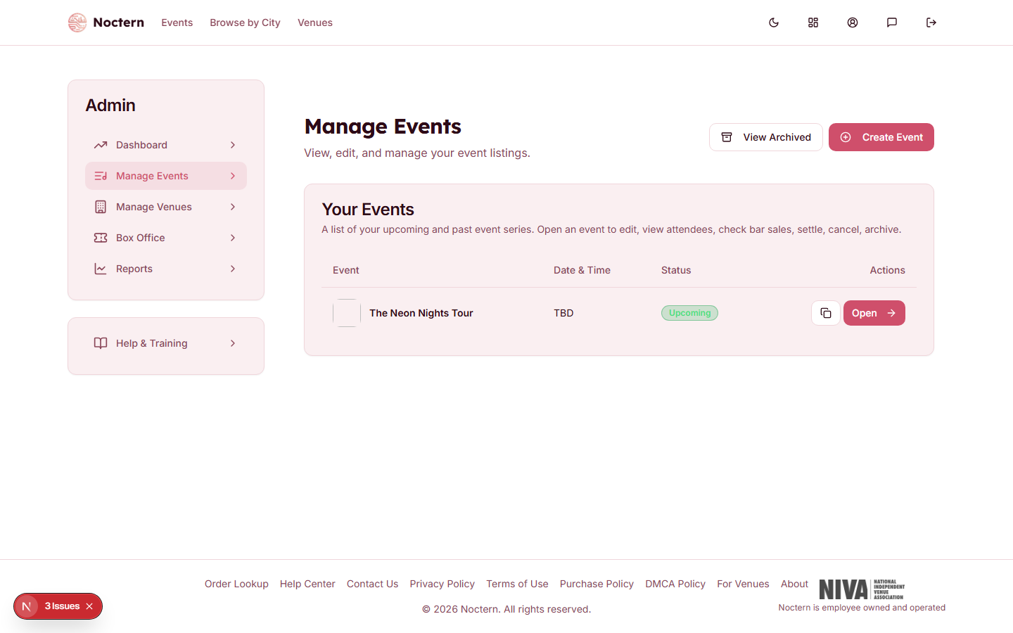 Admin events list with the Neon Nights Tour showing an Active badge