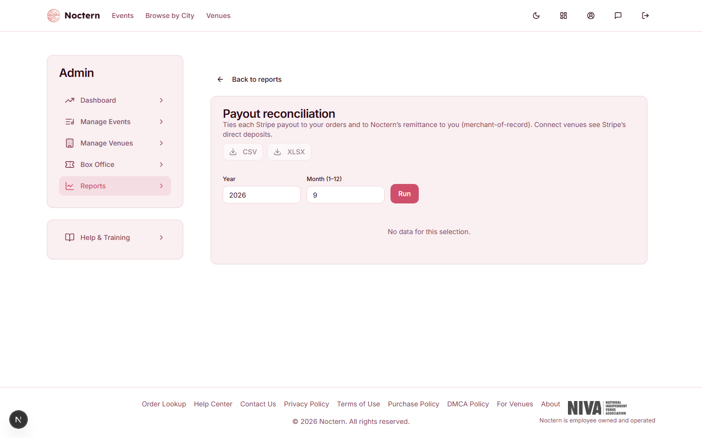 Payout reconciliation table with columns for payout date, payout ID, gross, Stripe fees, refunds, Noctern service fee, net to venue, remittance recorded, and variance