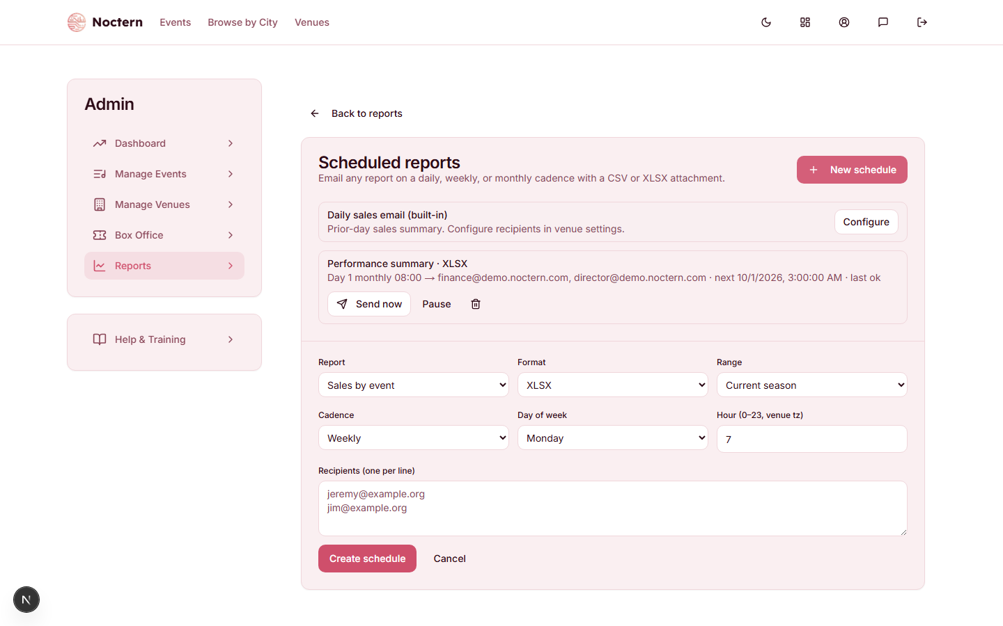 New schedule dialog with Report picker set to Performance Summary, date range set to Current season, cadence set to Monthly (1st of month, 8 AM), format XLSX, and two recipient email addresses