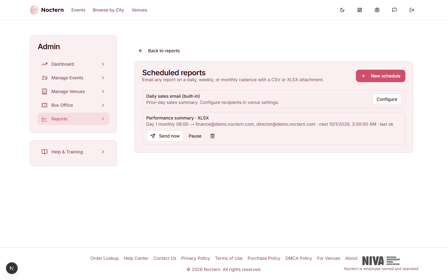 Report schedules list showing schedule name, report type, cadence, last run date and status, next run date, and recipient count for each schedule