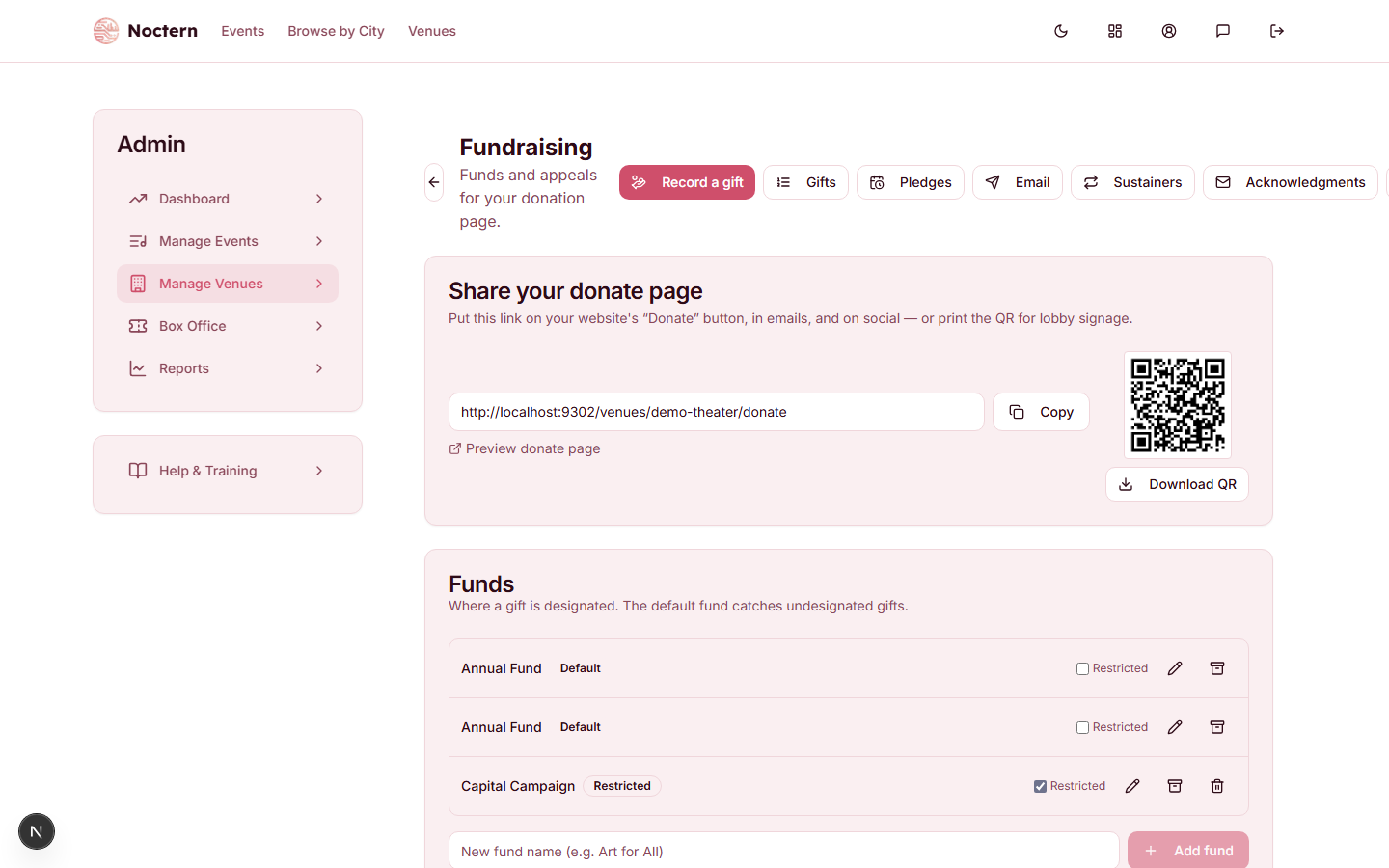 Fundraising page with the default fund and a restricted fund listed