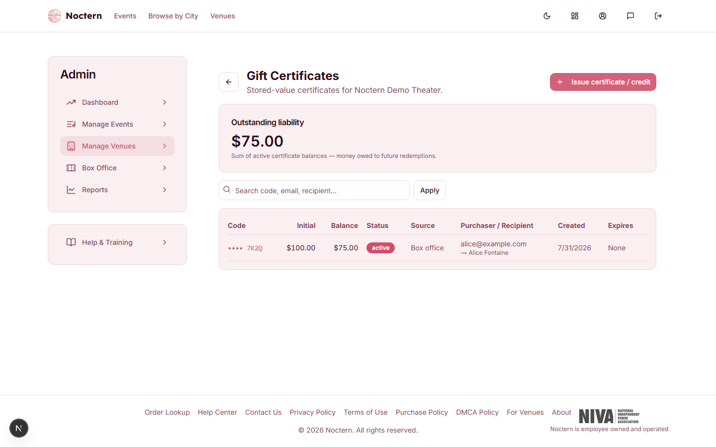 Gift certificates list showing an outstanding balance
