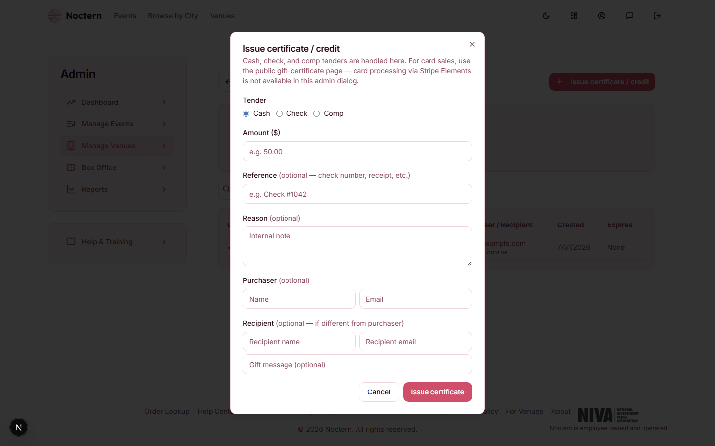 Issue certificate / credit dialog