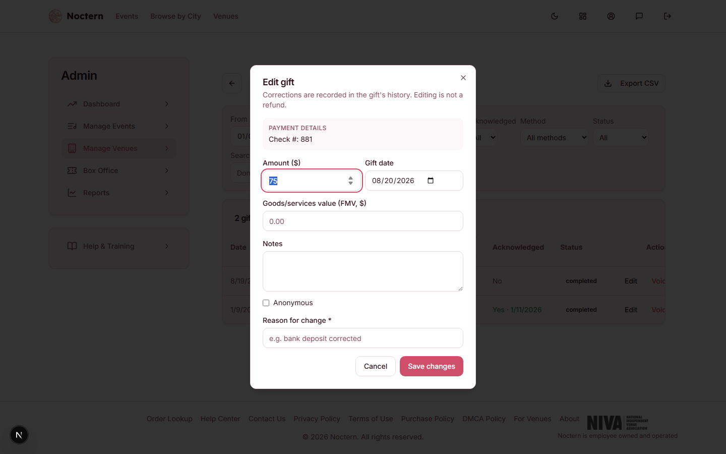 Edit gift dialog with amount, date, and reason fields