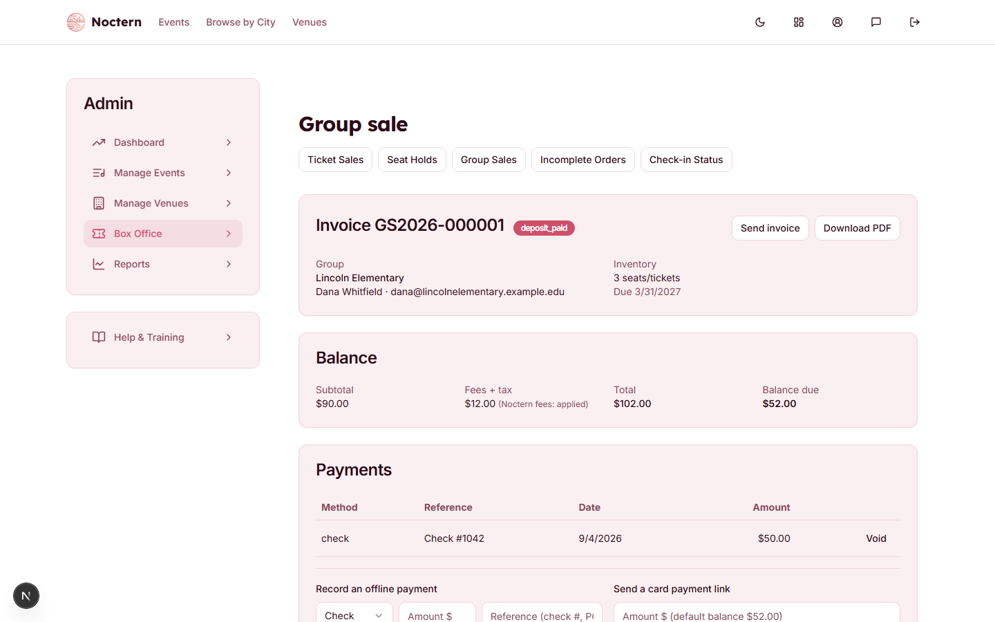 Group sale detail page with deposits table and balance due