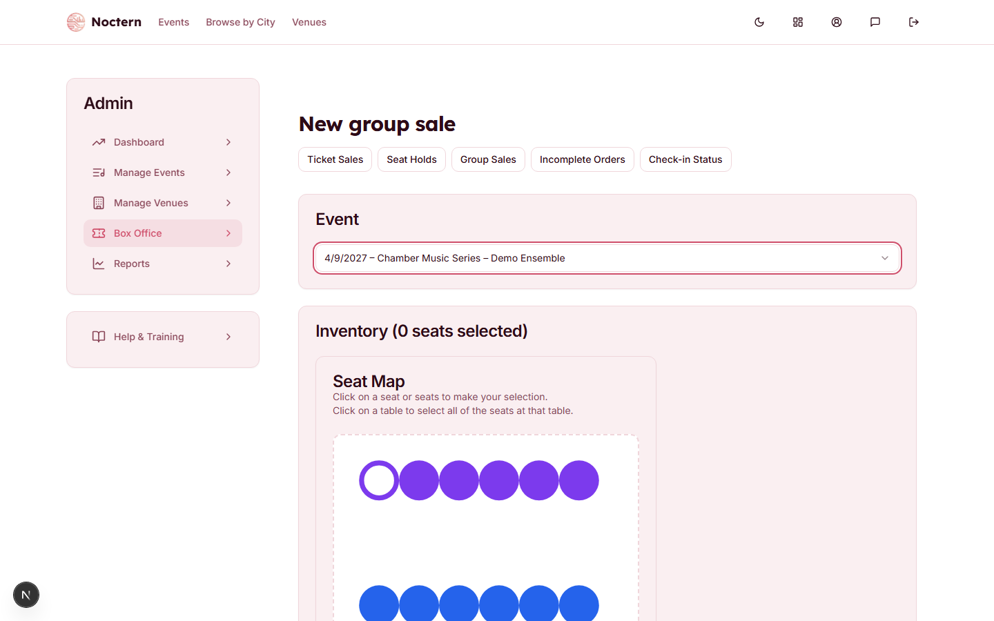New group sale form with an existing group hold visible on the seat map