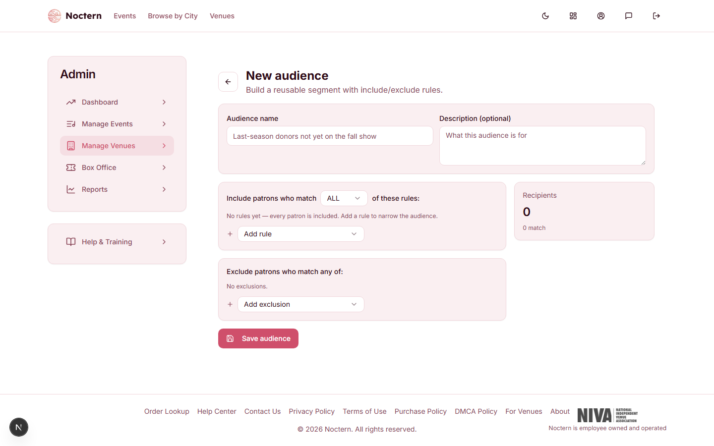 Audience builder showing two include rules (Ticket buyers and Donated this year) with match-all logic and a live recipient count