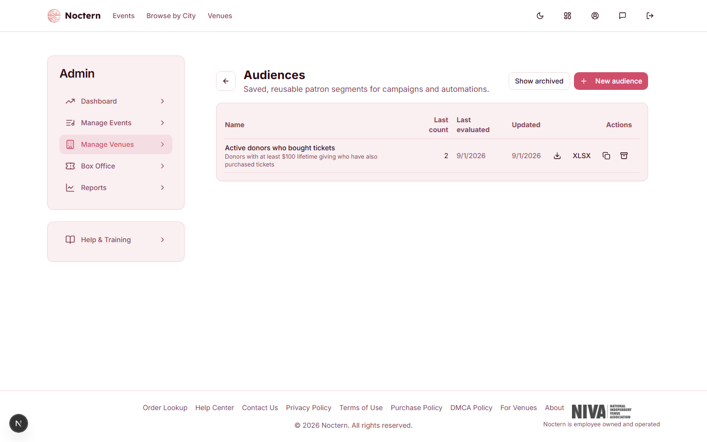 Audiences list page showing saved audience names, last patron count, last evaluated date, and how many campaigns use each