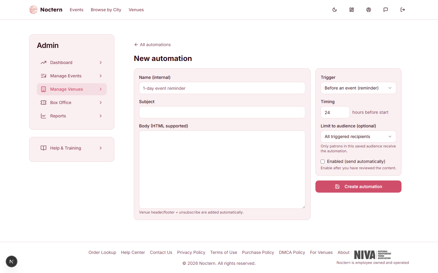 New automation editor with Trigger set to After a purchase (welcome), offset set to 1 day, and body containing a {{firstName}} merge field