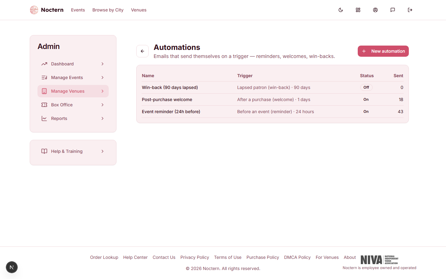 Automations list showing three automations: Event reminder (enabled, pre_event 24h), Post-purchase welcome (enabled, post_purchase 1 day), and Win-back (disabled, lapsed 90 days)