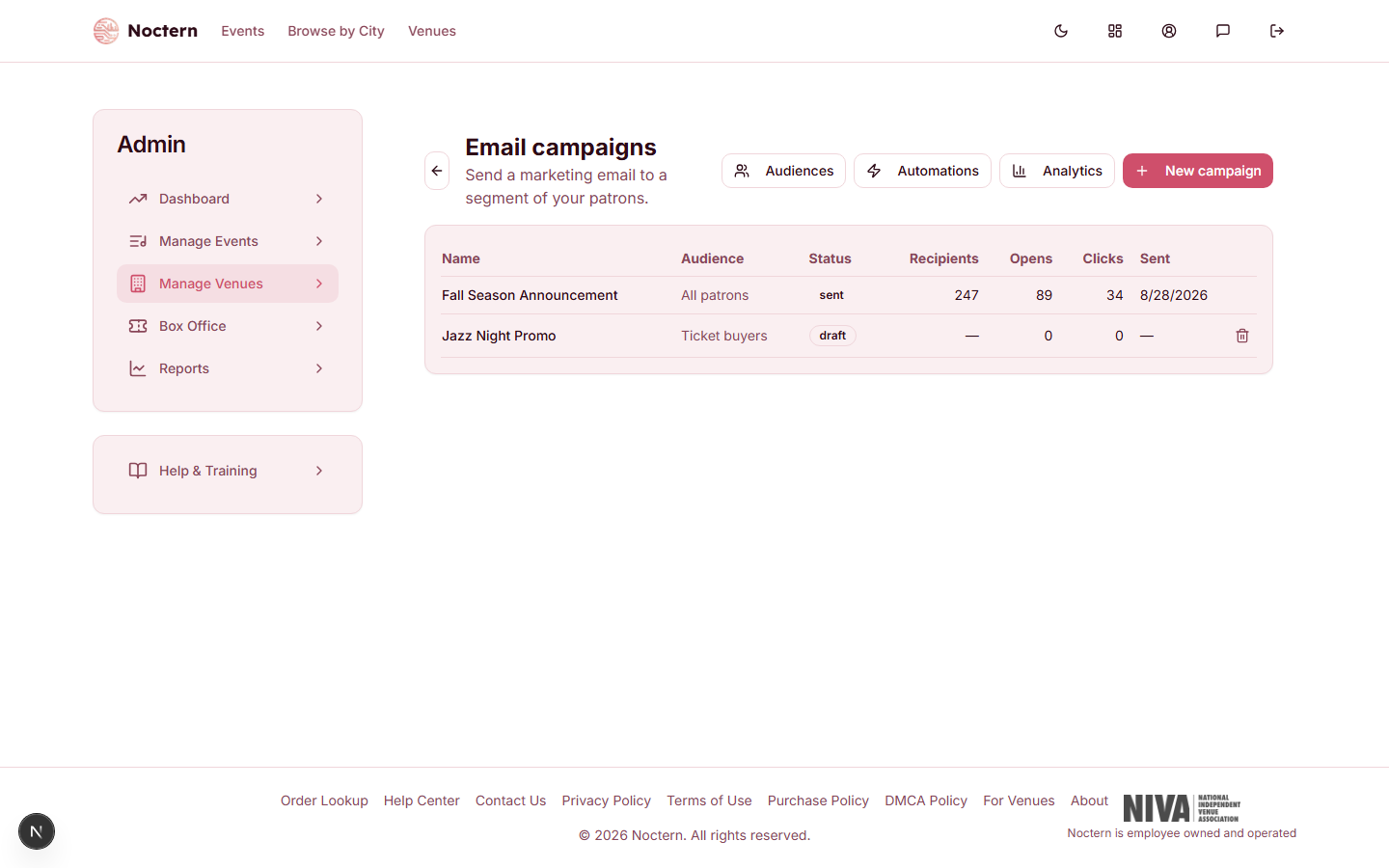 Campaigns list showing name, audience label, status, recipient count, opens, and clicks