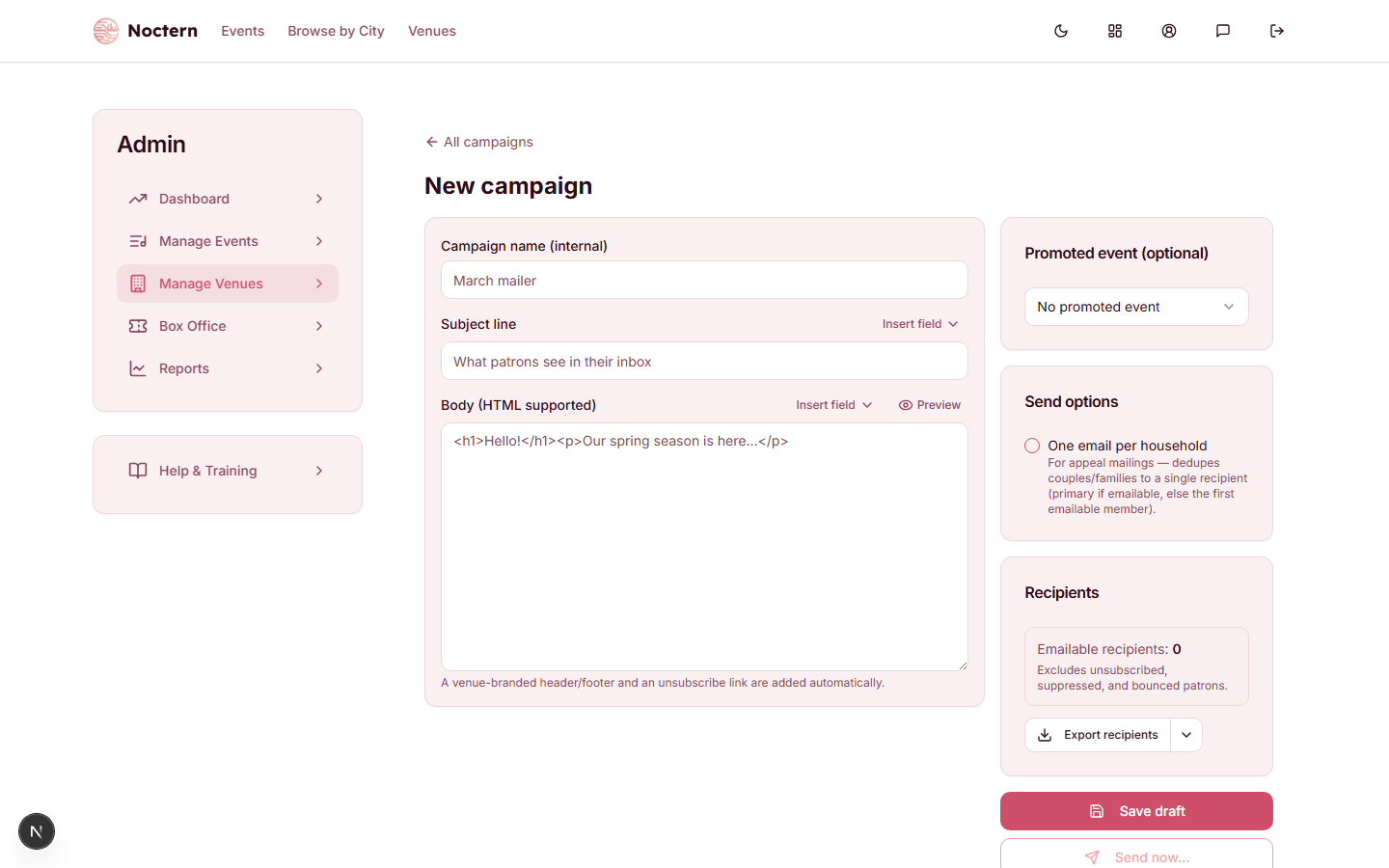 Campaign composer showing subject, body with a merge field, audience picker set to All patrons, and the Promoted event section