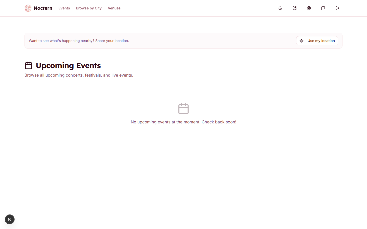 Public event listing page showing event cards with dates and prices