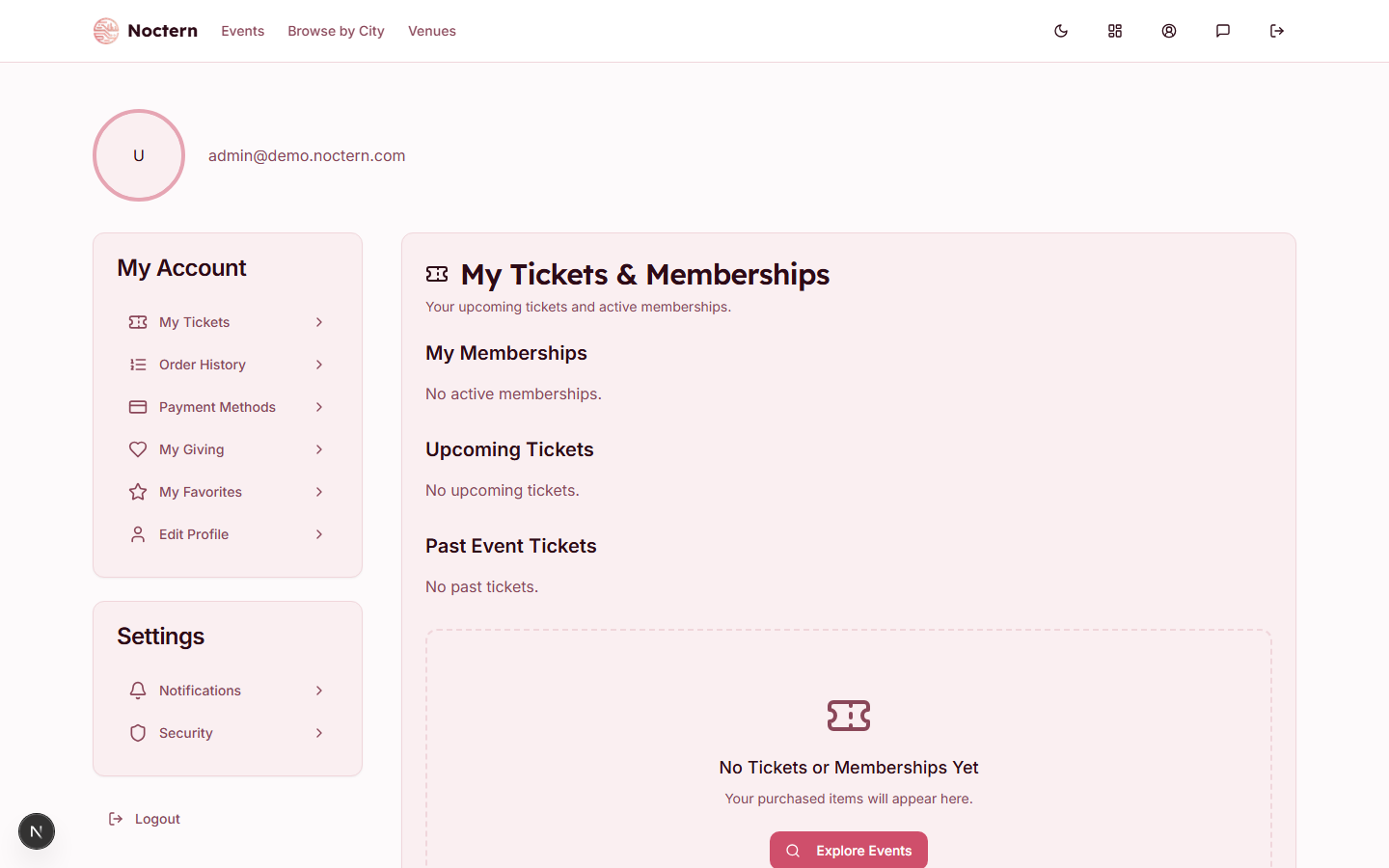 Patron profile page showing order history and ticket download links