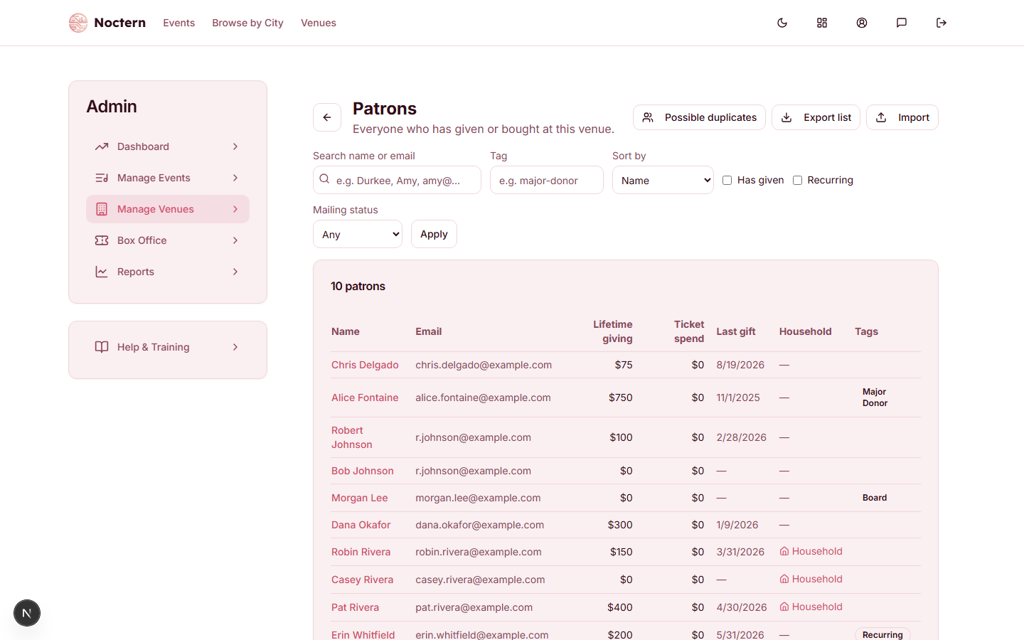 Patrons list with search, sort, and header action buttons