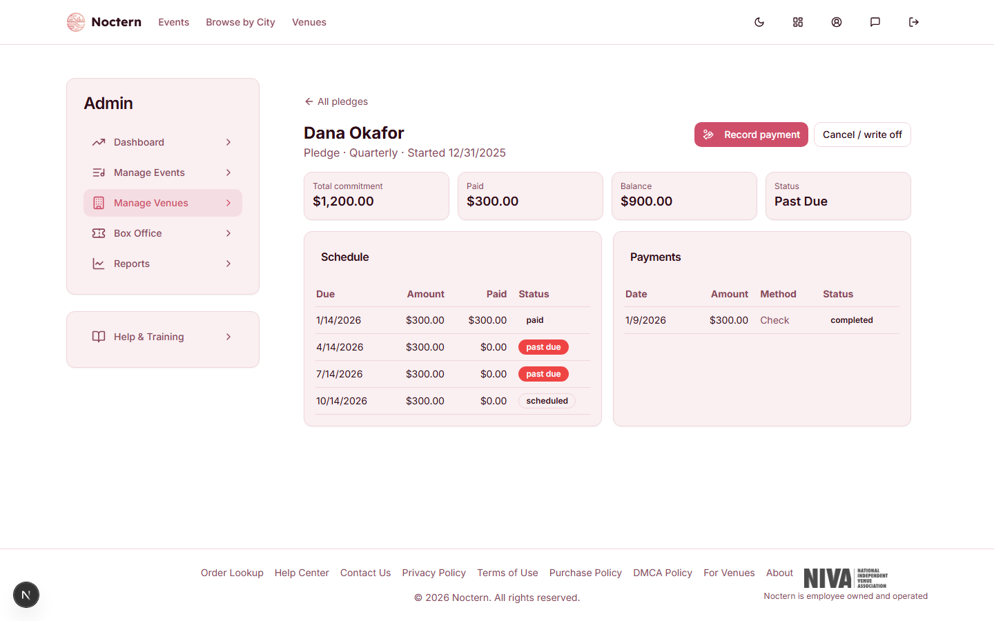 Pledge detail page with the payment schedule and total/paid/balance stats
