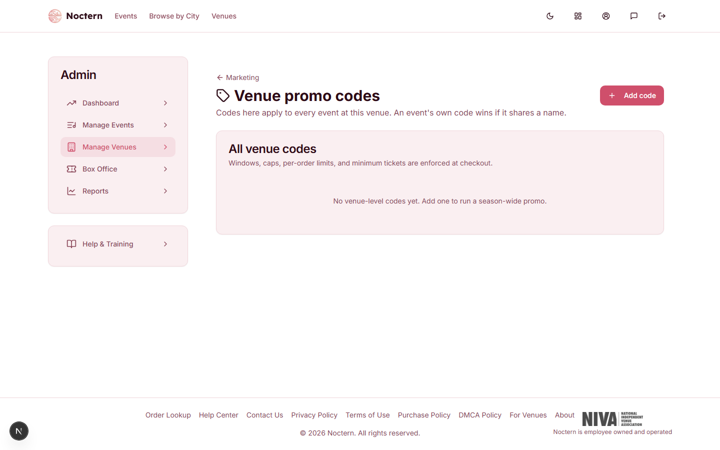 Venue promo codes list showing code names, types, status badges, and redemption counts