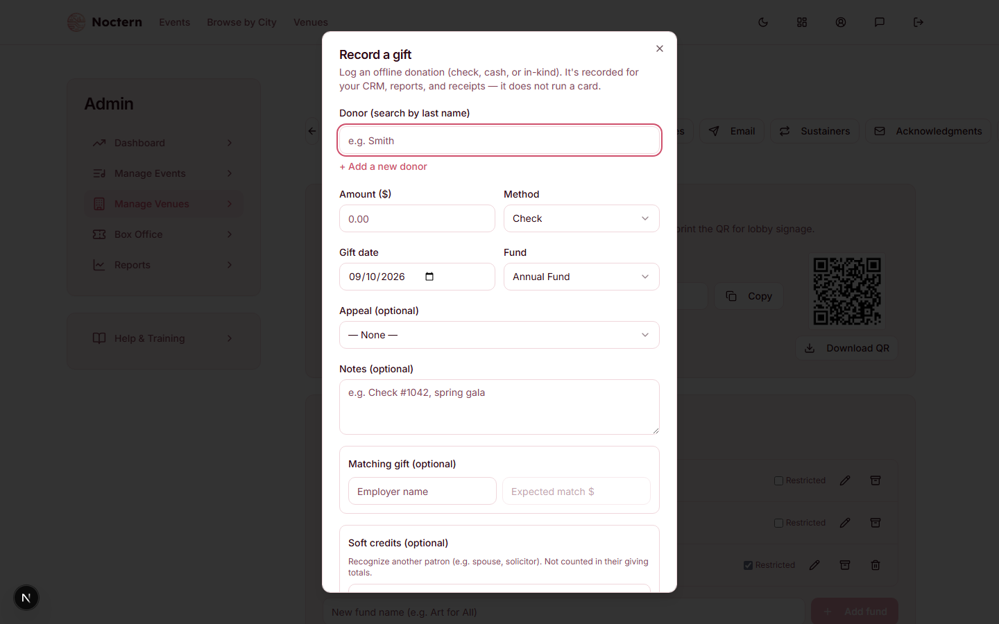 Record Gift dialog with patron, amount, fund, method, and date fields visible