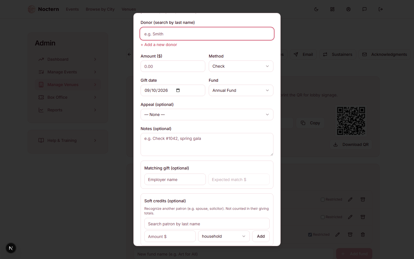 Soft credits section of the Record Gift dialog with a patron search field and reason dropdown
