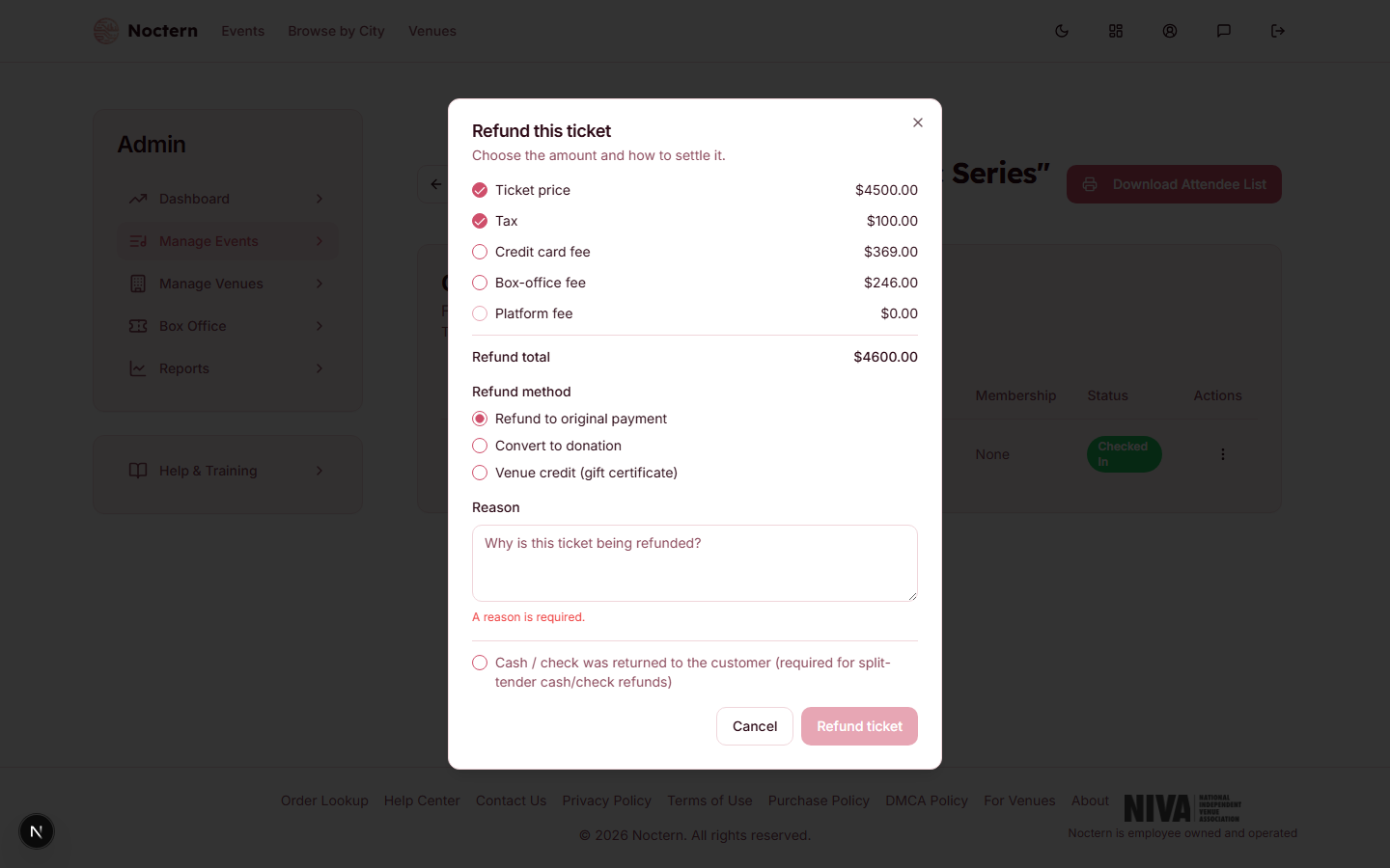 Refund dialog showing the refund method options