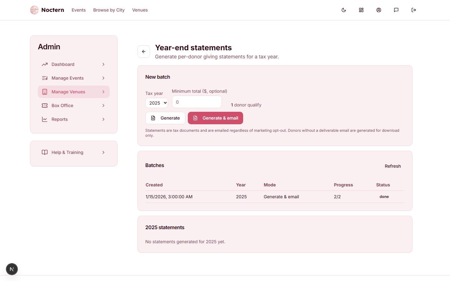 Year-end statements page with the new-batch form