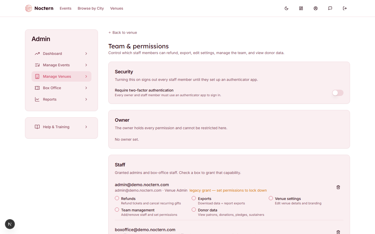 Team page showing staff members with role labels and capability checkboxes