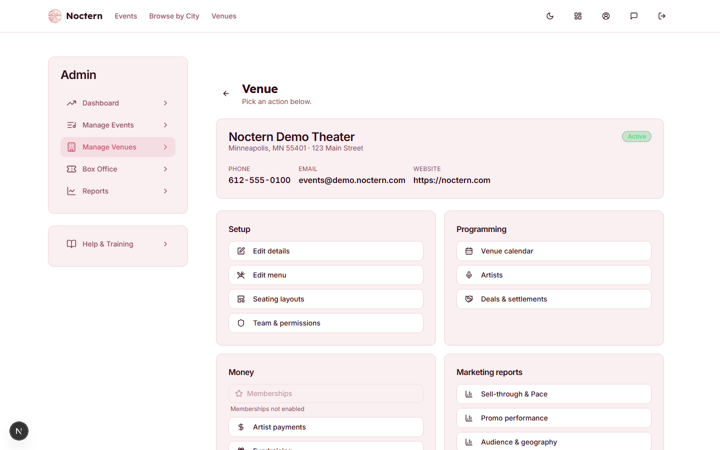 Venue hub showing Setup, Programming, and Money section cards