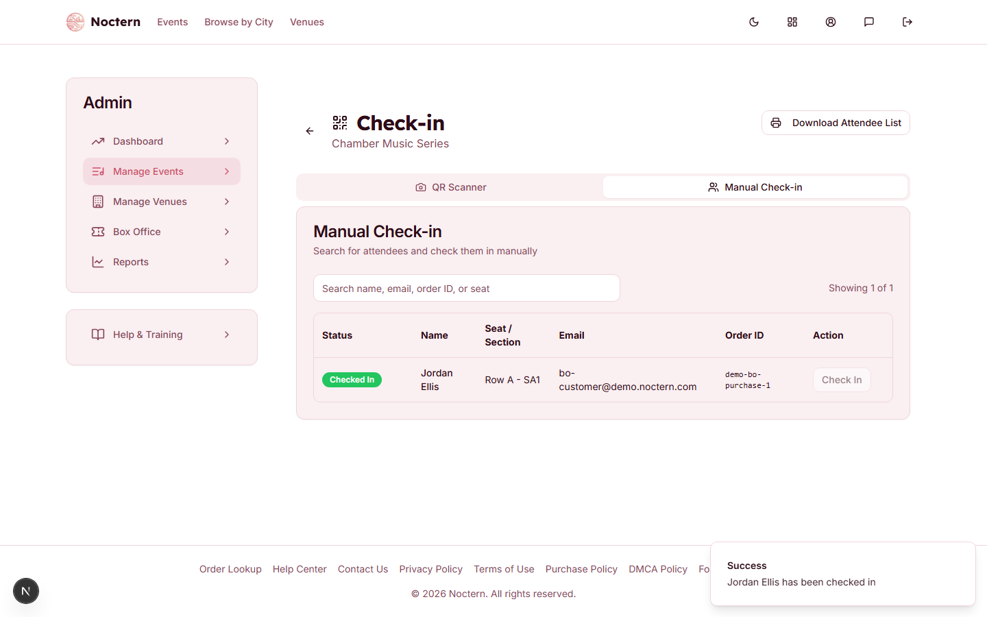 Manual check-in tab after checking a ticket in