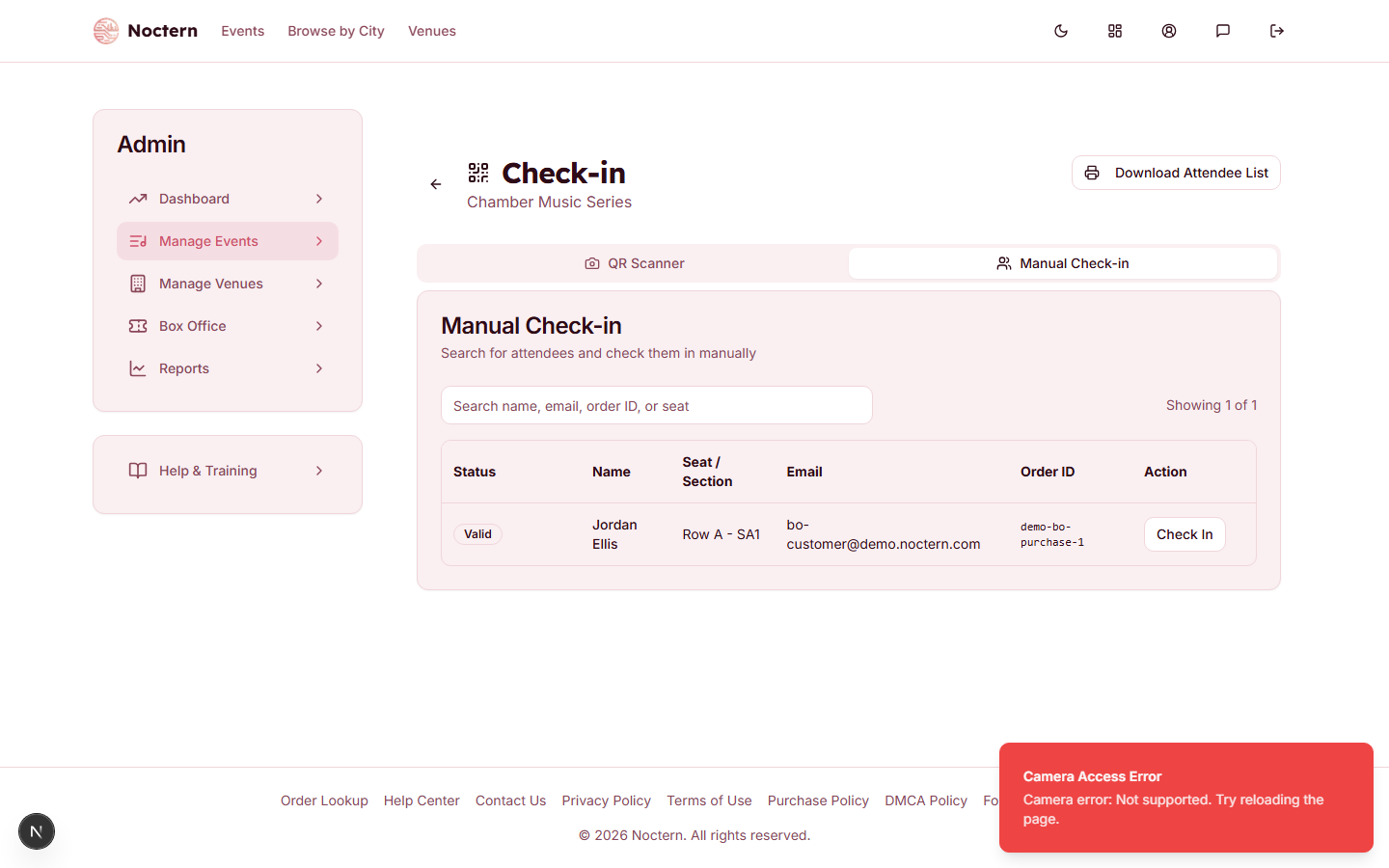 Manual check-in tab showing a valid, not-yet-checked-in ticket