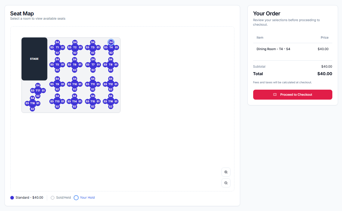 Seat map selection page with order summary and checkout button